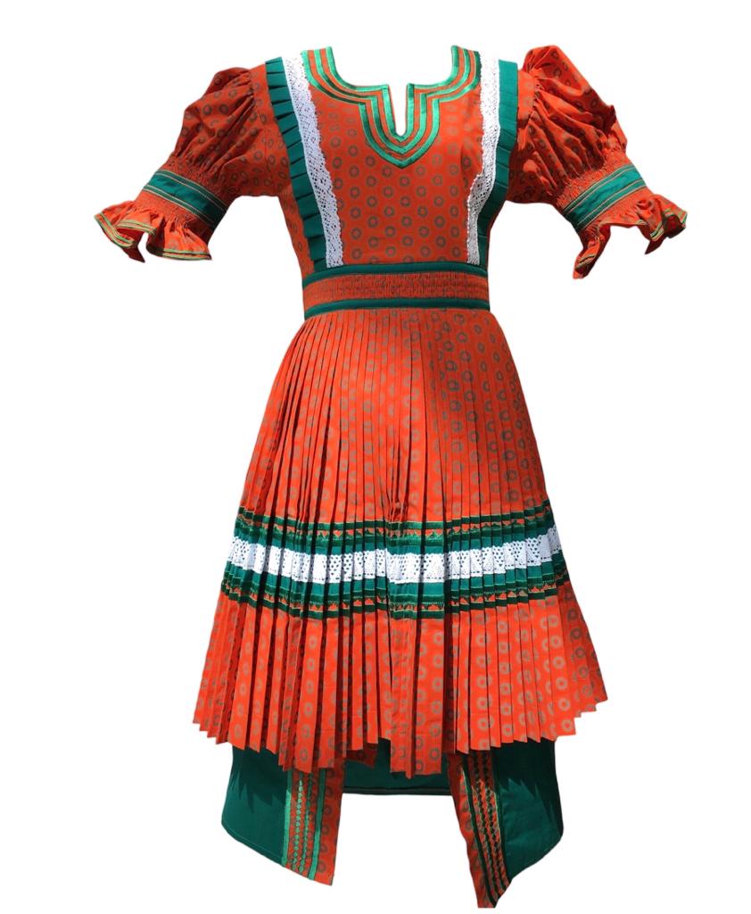 D.T 4 Piece Shweshwe Nyebelese Dress- orange/green Ledikana D.T 4 Piece Shweshwe Nyebelese Dress- orange/green Ledikana