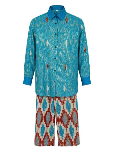 Patterned shirt and pants set on a white background. Traditional Wear