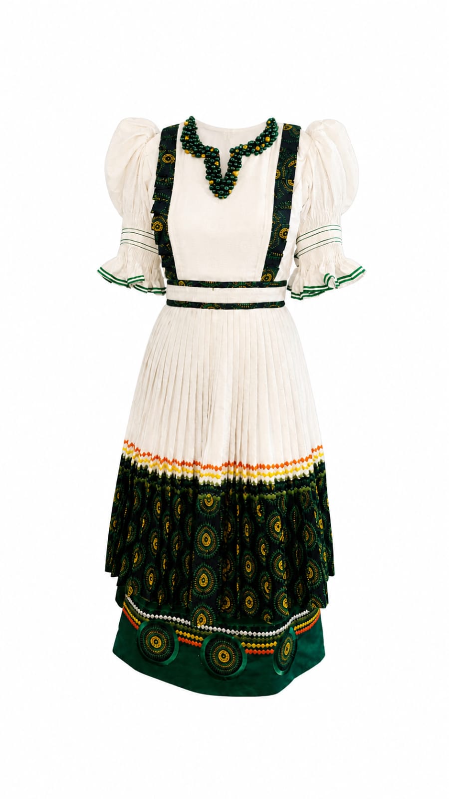 Traditional dress with white top and black skirt on a white background