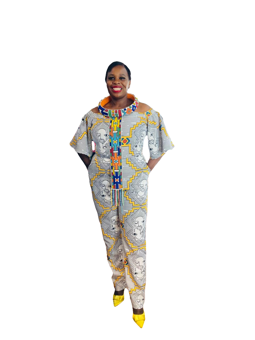 Africa face off shoulder jumpsuit