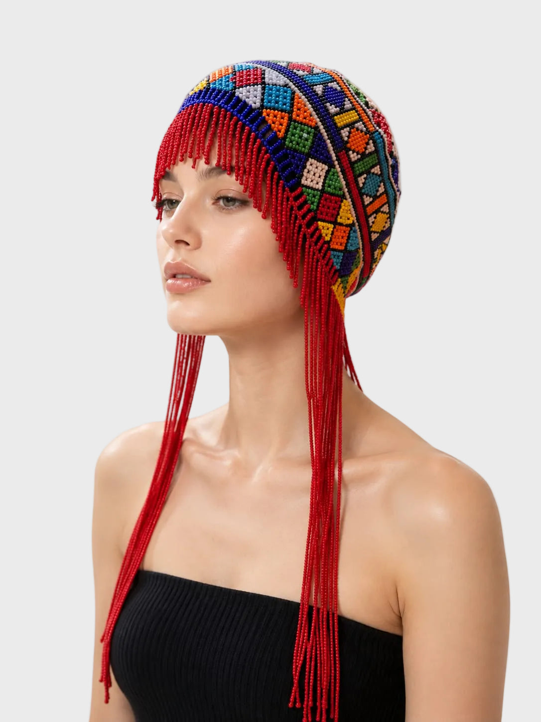Multicolor Beaded Beret with Tassles