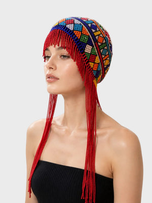 Multicolor Beaded Beret with Tassles