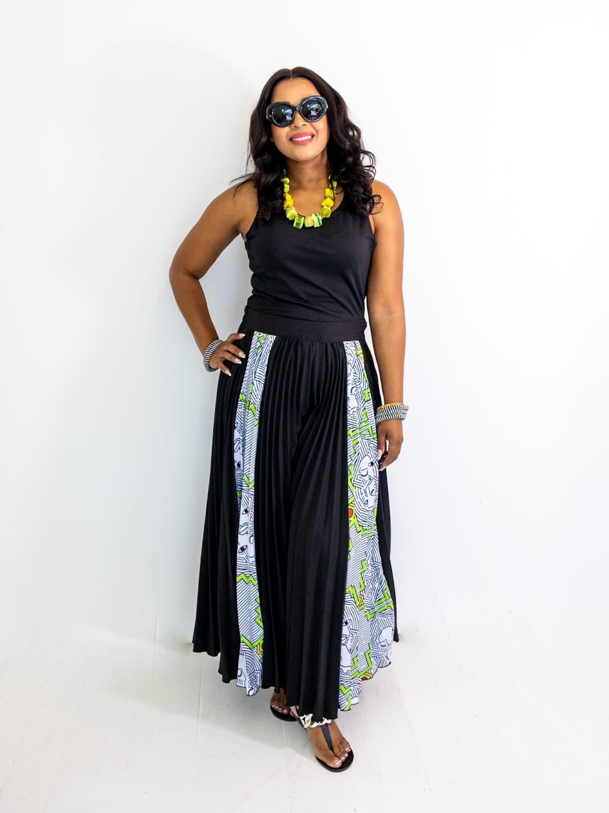 Black Pleated Palazzo Pants- Africa Face Trim