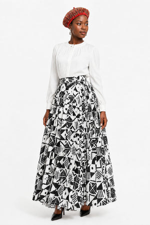 Ndebele Long  Pleated Skirt- black and white